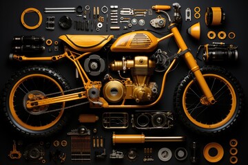 Bicycle and parts of it on black background. Flat lay, top view