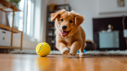 Playful golden retriever puppy energetically playing with a ball, showcasing pure joy - obrazy, fototapety, plakaty