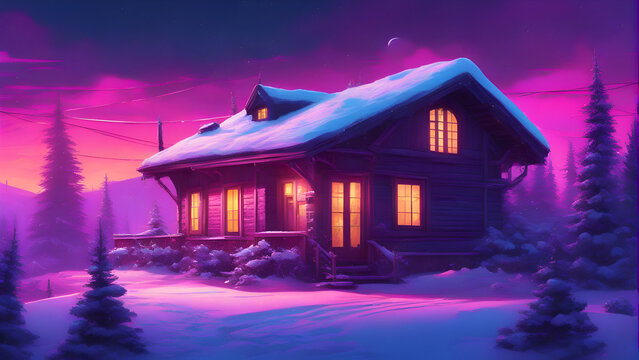 Winter cottage in the forest at night. 3d render illustration. 