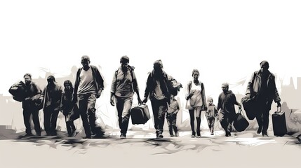 An illustration depicting the harsh reality faced by families forced to emigrate from their countries due to war, crossing borders on foot under inhumane conditions. Generative AI.