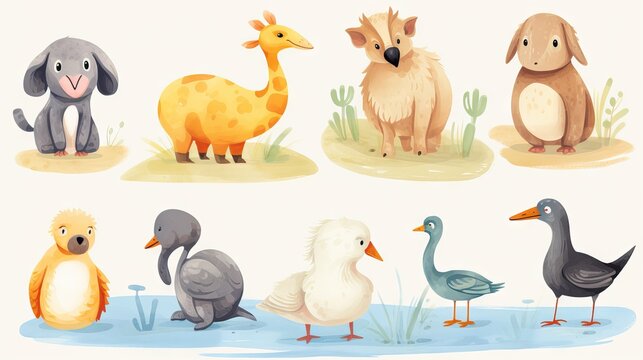 A drawn illustration featuring various animals, designed to engage and educate preschool children about wildlife. Generative AI.
