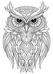 Fototapeta premium Owl Coloring Page for Adults, Full-Body Owl with Doodles for Relaxation and Stress Relief 