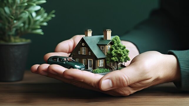 Hands holding miniature models of houses and vehicles, symbolizing the financial capability to invest in and manage these significant expenses. Generative AI.