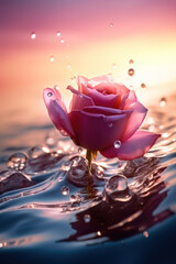 A very beautiful rose flower in the sea early in the morning at dawn. AI Generation 