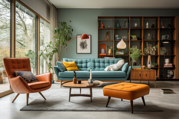 An Inviting and Stylish Mid-Century Modern Living Room Interior with Captivating Retro Charm, Timeless Elegance, and Cozy Comfort.