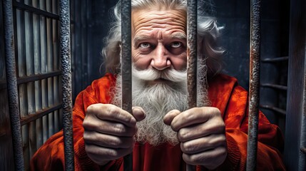 A poignant image of Santa Claus behind bars, evoking a sense of loss and highlighting the inability to spread holiday cheer and gifts this Christmas. Generative AI. - obrazy, fototapety, plakaty