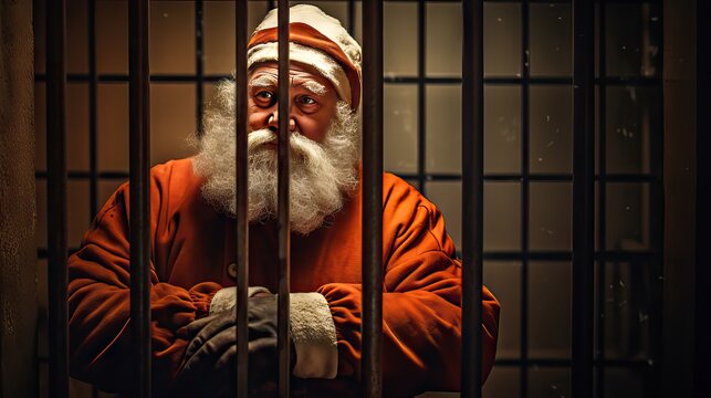 A poignant image of Santa Claus behind bars, evoking a sense of loss and highlighting the inability to spread holiday cheer and gifts this Christmas. Generative AI.