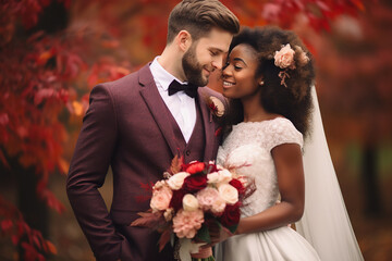 Multiracial bride and groom, wedding at fall, outdoor portrait - Powered by Adobe