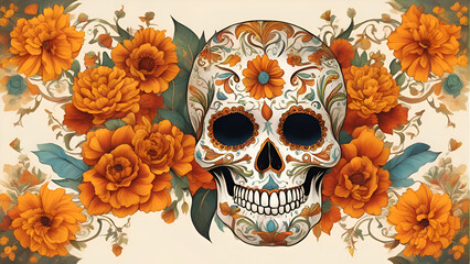 Day of the Dead skull with marigold flowers. Vector illustration. 