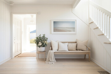 Fototapeta na wymiar Embrace the Serene Scandinavian Coastal Charm in this Airy Hallway with Light Wood Floors, White Walls, and Nautical Accents, Perfectly Blending Minimalist Simplicity and Relaxed Beach-Inspired Vibes.