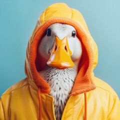 Fashion duck in fall winter hooded jacket. Trendy bright color