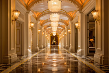 Obraz premium An Opulent and Radiant Gold-Colored Hallway Interior, Exuding Extravagance and Elegance with Luxurious Decor, Illuminated Ceilings, and Contemporary Stylish Design.
