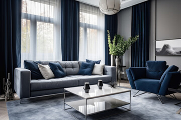 A harmonious blend of navy blue and silver colors creates an elegant and sophisticated living room interior, adorned with modern furniture, stylish decor, and cozy accessories, exuding a luxurious