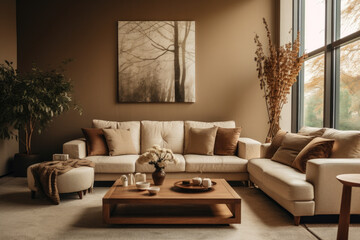 A Sophisticated and Harmonious Living Room Oasis in Beige and Brown Tones, Showcasing Elegant Furniture, Cozy Accents, and Serene Natural Lighting.
