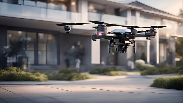 Drone quadcopter flying in the city. 3d rendering 