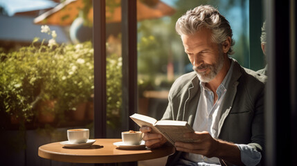 Man engrossed in a captivating book, enjoying the serene environment of a cozy cafe