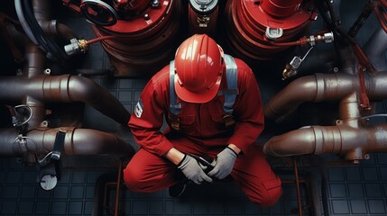 Technician in a hard hat working to checklist petroleum gas pipes for transportation in station petroleum oil. 