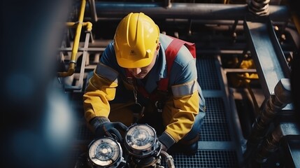 Fototapeta premium Technician in a hard hat working to checklist petroleum gas pipes for transportation in station petroleum oil. 