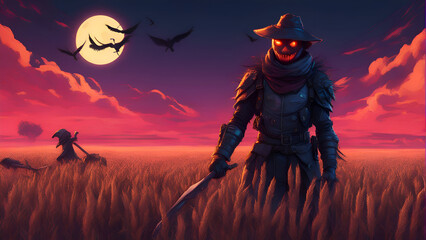 Scary monster with a sword in the field. Halloween illustration. 