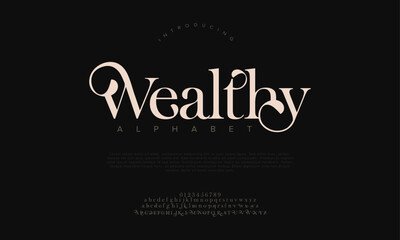 Wealthy premium luxury elegant alphabet letters and numbers. Elegant wedding typography classic serif font decorative vintage retro. Creative vector illustration