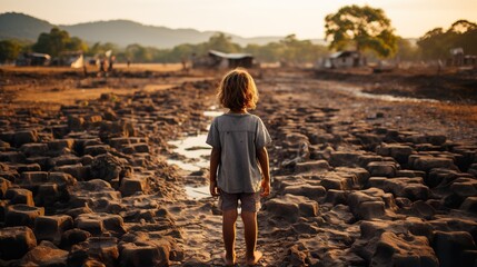 child on his back in the middle of a water crisis, Generative AI