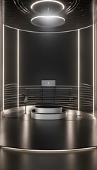 3d rendering of reception desk in a modern office with black walls 