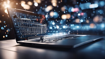 Shopping cart on laptop keyboard. Online shopping and e-commerce concept.  - obrazy, fototapety, plakaty