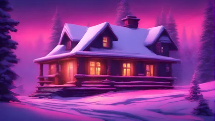 Papier Peint photo Roze Winter cottage in the forest at night. Digital painting. 3D illustration. 