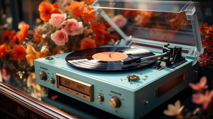 Naklejka premium Retro futuristic Vinyl record player, bright lights disco-bokeh. Needle on vinyl record.