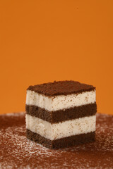 Square shaped tiramisu, chocolate cocoa layer cake