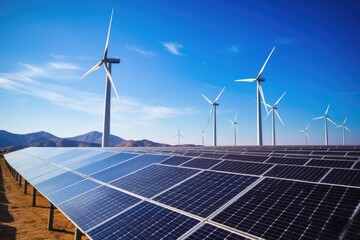 Ecological technology solar panels and wind turbines against clear sky 