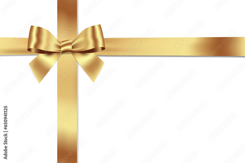Poster gold bow realistic with horizontal and vertical cross ribbon place on white background for decorate 
