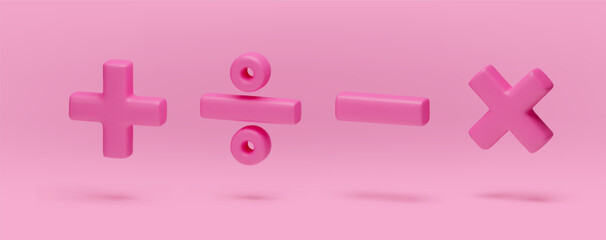 Plus, minus, multiplication and division set, pink 3d mathematical symbols. Arithmetic education signs for web, app, infographic. Math operations realistic vector illustration on pink background