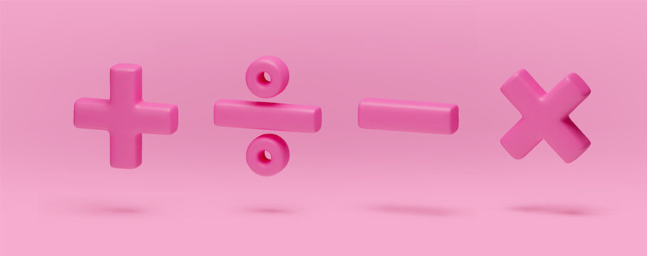 Plus, minus, multiplication and division set, pink 3d mathematical symbols. Arithmetic education signs for web, app, infographic. Math operations realistic vector illustration on pink background