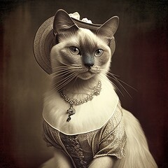 Illustration of a Siamese cat with a hat, elegant clothing, old-style cat photo with sepia tone, vintage cat portrait.
Image generated with artificial intelligence, AI image