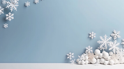 White snowflakes and balls ornament on light blue background. Created with Generative AI technology