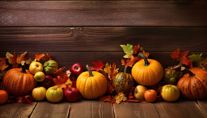 Ripe pumpkins with berries, apples and fall leaves display on wooden floor. Indoor scene wooden wall background. Created with Generative AI technology