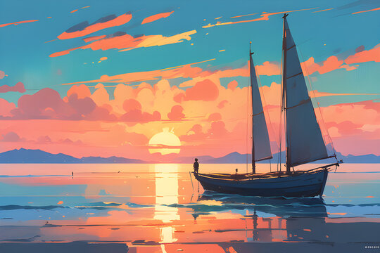 quiet sea sunset acrylic painting trending on pixiv fanbox palette knife and brush strokes style Generative ai.