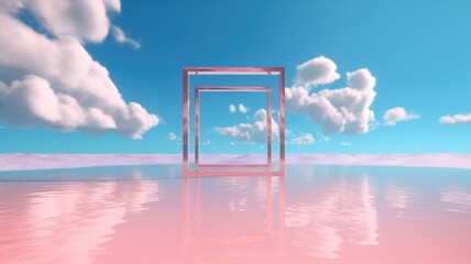 3d rendered Abstract aesthetic background. Surreal fantasy landscape. Water, pink desert, neon square shape chrome metallic gate under the blue sky with white clouds. Virtual reality wallpaper