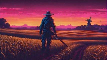 Silhouette of a hunter with a gun in a wheat field 