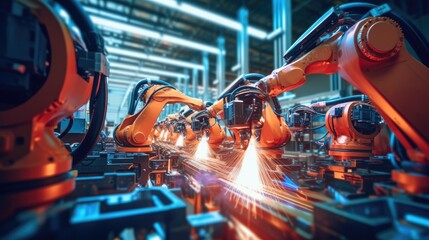 View of industrial robots in an automobile assembly plant - obrazy, fototapety, plakaty