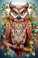 Colorful Owl Painting, A Vivid Full-Body Owl in Captivating Hues of Wildlife Art
