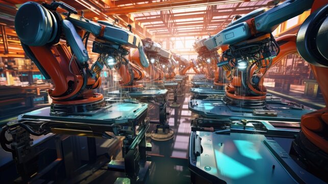 View of industrial robots in an automobile assembly plant