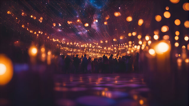 Lanterns on the ceiling of the church at night. 