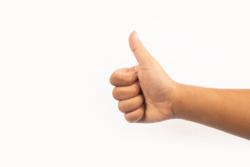 Photo of Hand showing his thumb as a like sign isolated on white background