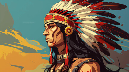 Hand drawn cartoon american indian tribal man illustration
