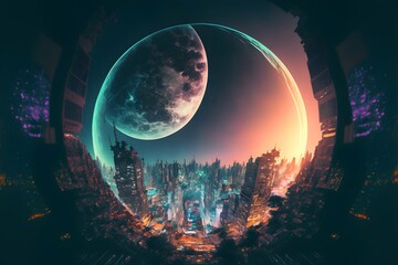 worms eye view of double exposure magnetic resonance ethereal paradox cyberpunk city at night with a full moon an aurora borialis over head 3d rendered High fantasy 8k cgi rendered unreal engine  - obrazy, fototapety, plakaty