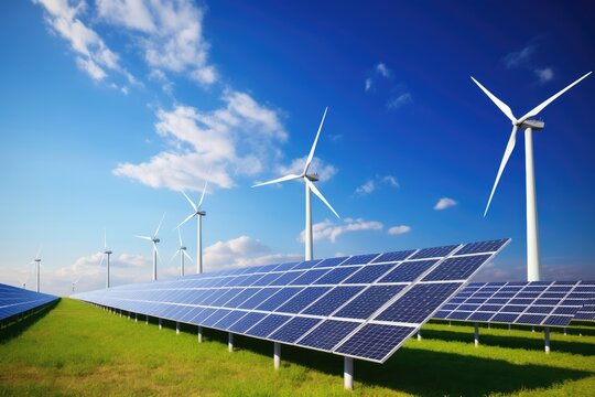 Ecological technology solar panels and wind turbines against clear sky 