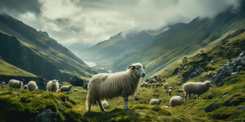 sheep are walking up a hill over cloudy terrain, in the style of the snapshot aesthetic, generative AI - obrazy, fototapety, plakaty