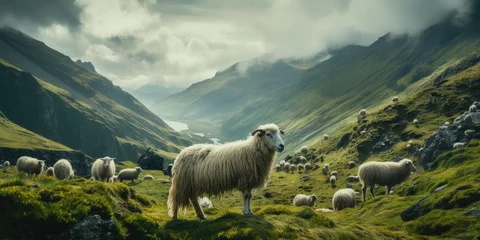 Fotobehang sheep are walking up a hill over cloudy terrain, in the style of the snapshot aesthetic, generative AI © VALUEINVESTOR